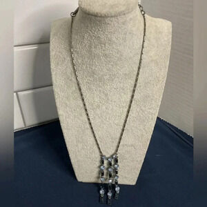 Givinchy Gunmetal Tone Blue Crystal Fringe Dangle Drop Statement Necklace